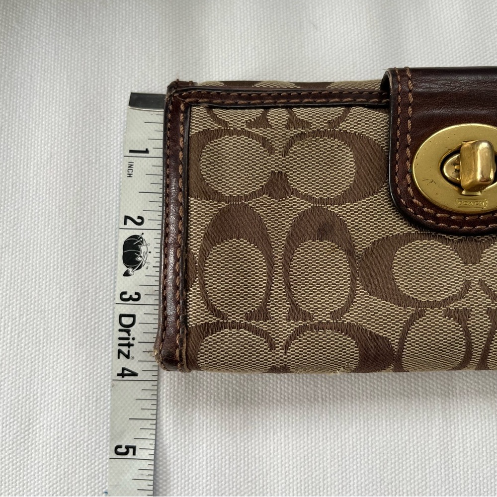 Coach Signature Print Canvas Leather Trim Brown Turnlock Long Fold Wallet - Picture 12 of 12